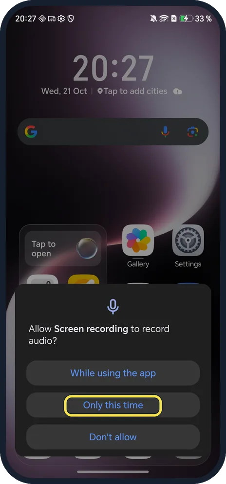 Android screenshot: Allow audio
