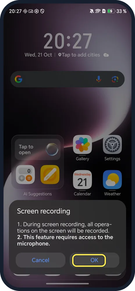 Android screenshot: Tap OK