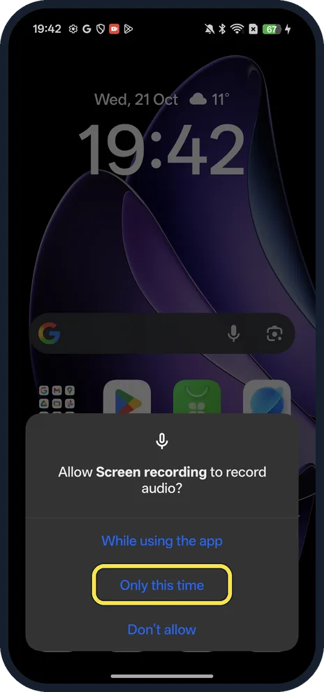 Android screenshot: Tap the tile and allow audio