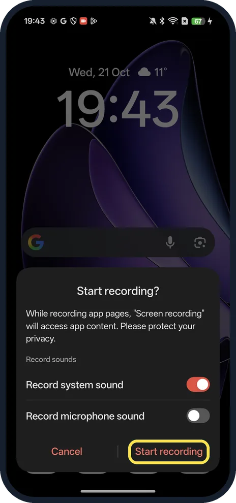 Android screenshot: Tap Start recording