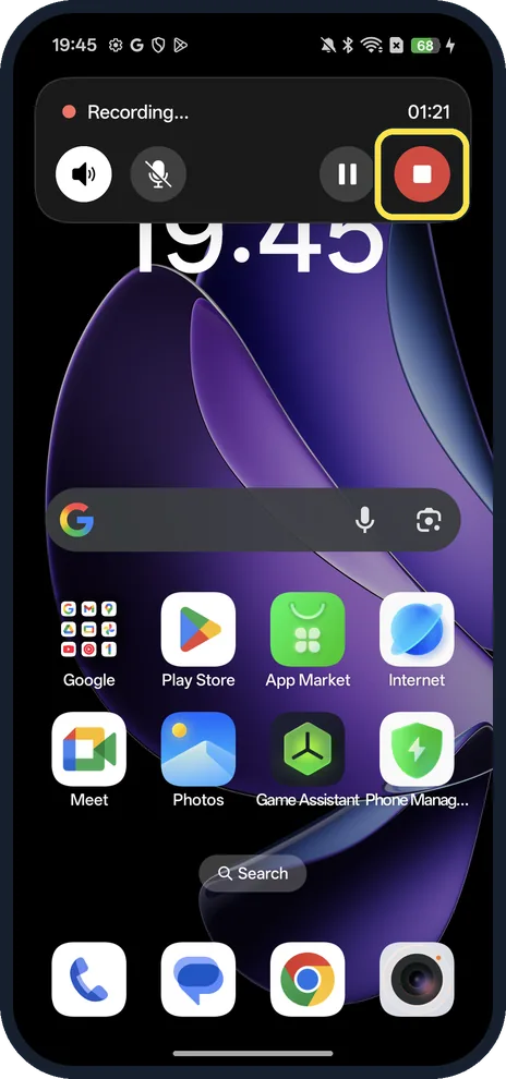 Android screenshot: Stop with the red button
