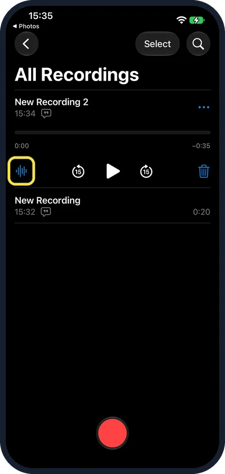iPhone screen: Tap the blue waveform icon