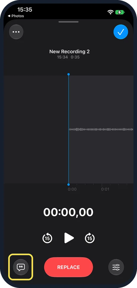iPhone screen: Tap the transcript button
