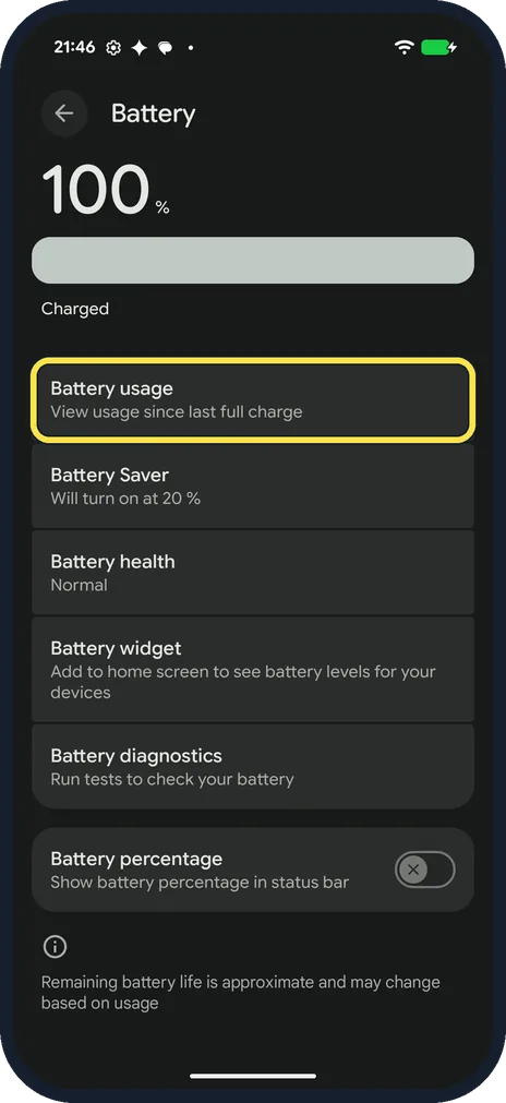 Android screenshot: Open Battery usage