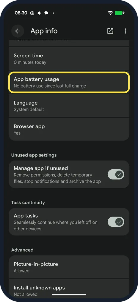 Android screenshot: Open an app from App info