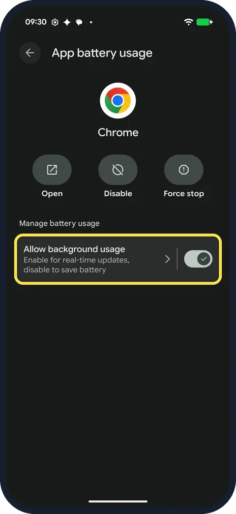 Android screenshot: Allow background usage