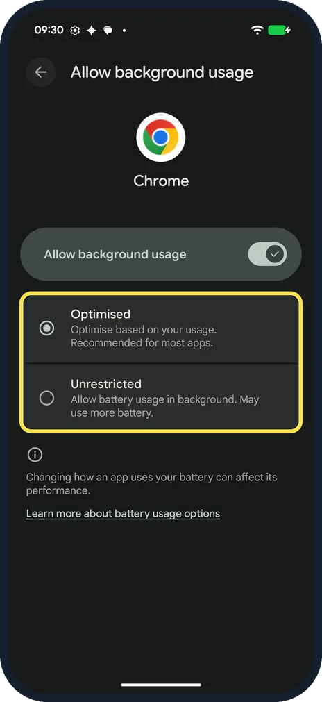 Android screenshot: Optimised or Unrestricted