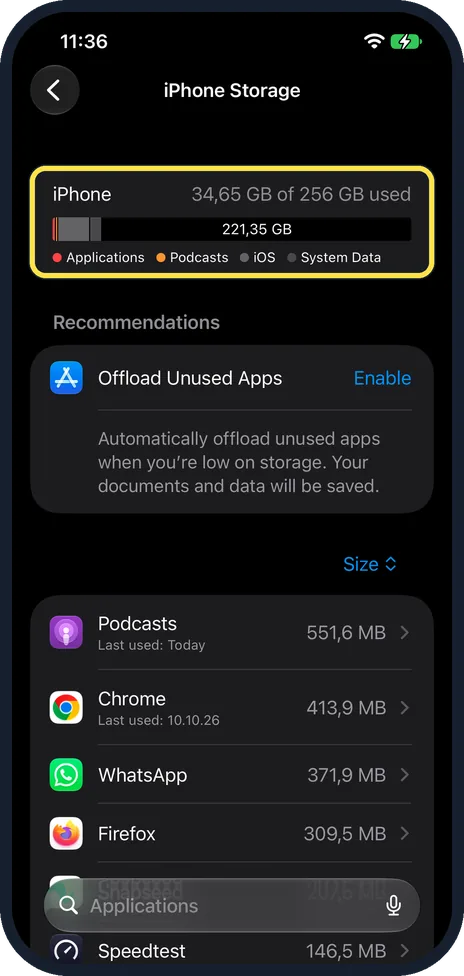 iPhone screen: Open iPhone Storage