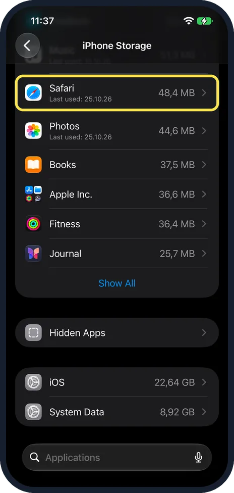 iPhone screen: Scroll down and tap Safari
