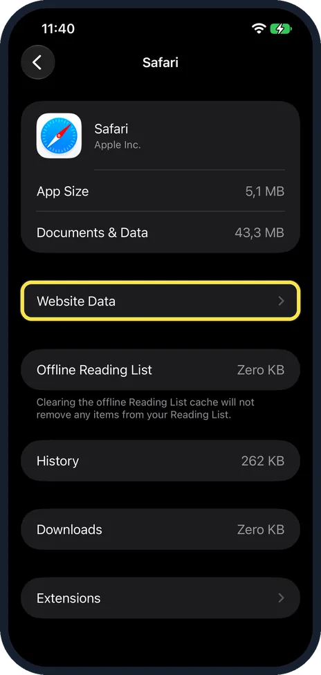 iPhone screen: Tap Website Data