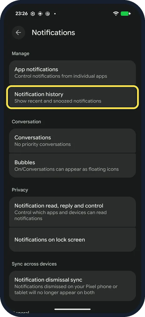 Screenshot from the guide: How to see notification history on a Google Pixel (Android 17)