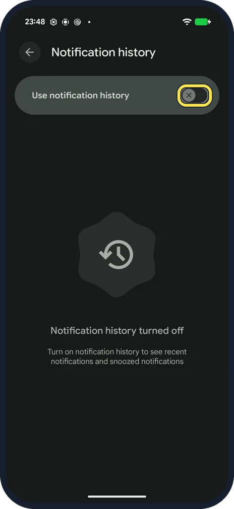 Android screenshot: Turn on Use notification history