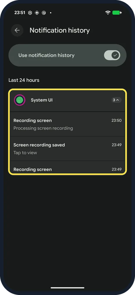 Android screenshot: Read your history