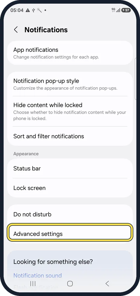 Android screenshot: Tap Advanced settings