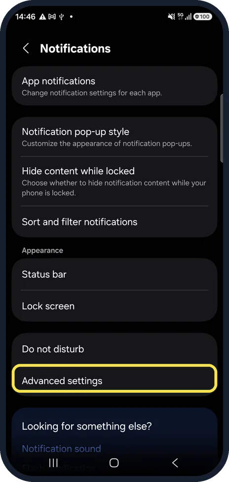 Android screenshot: Tap Advanced settings