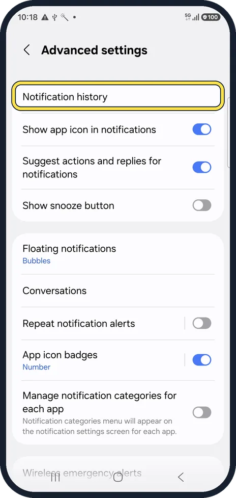 Android screenshot: Tap Notification history