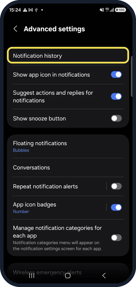 Android screenshot: Tap Notification history