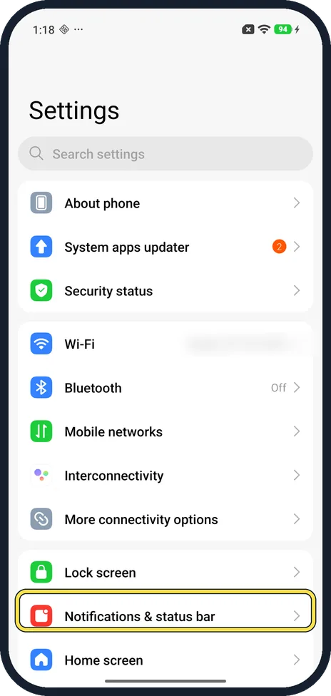 Android screenshot: Open Notifications & status bar