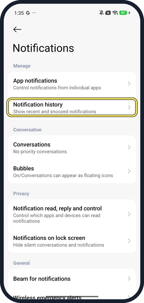 Android screenshot: Tap Notification history