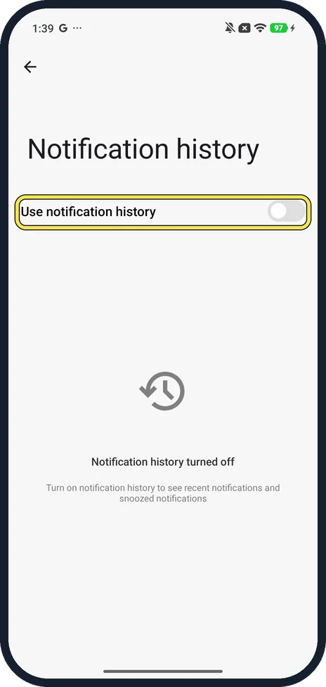 Android screenshot: Turn on Use notification history