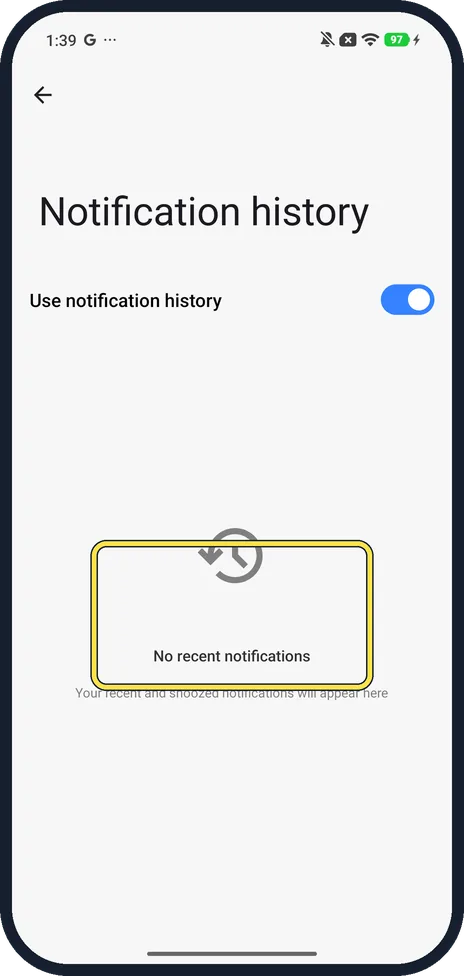 Android screenshot: Check back after a notification arrives