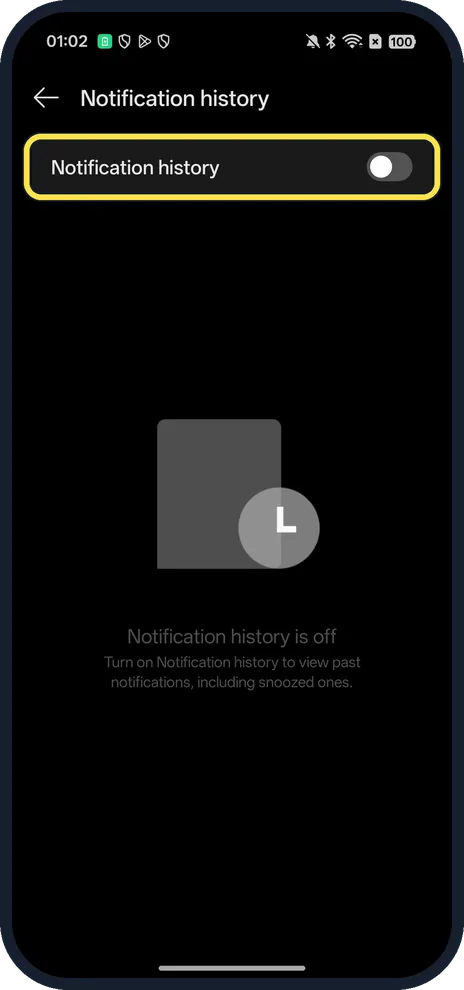 Android screenshot: Turn on Notification history