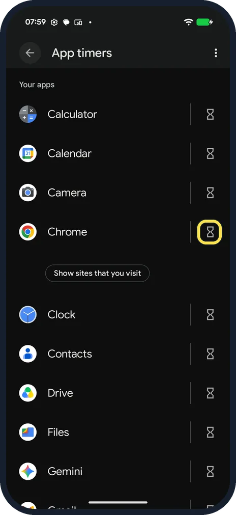 Android screenshot: Tap the hourglass