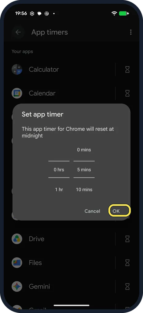 Android screenshot: Choose a time