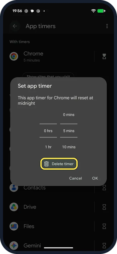 Android screenshot: Delete a timer