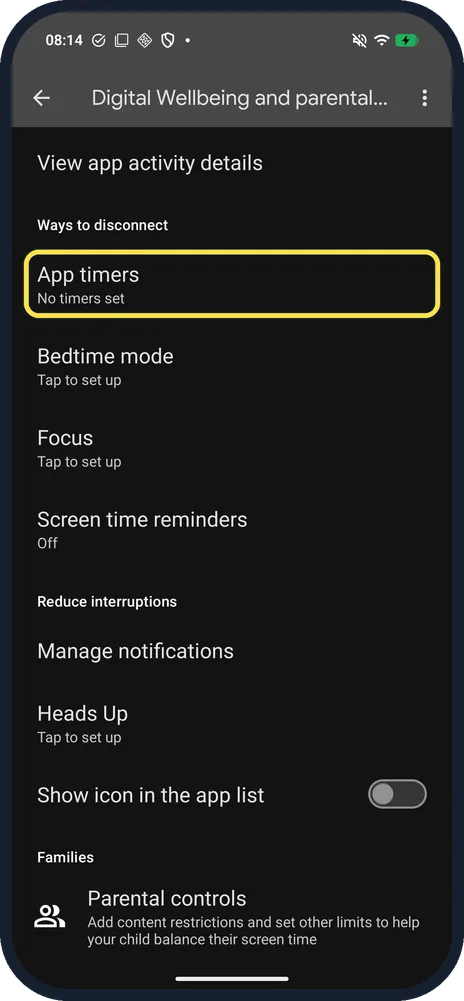 Android screenshot: Tap App timers