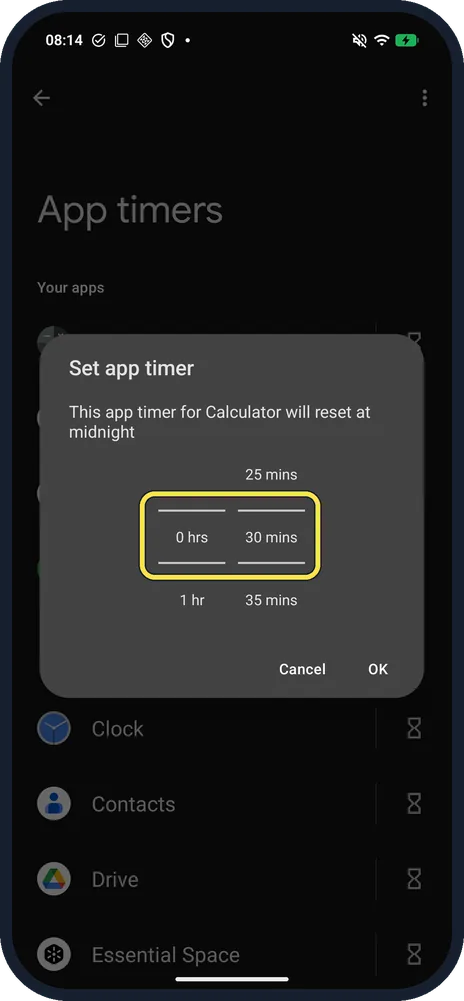 Android screenshot: Pick a time and tap OK