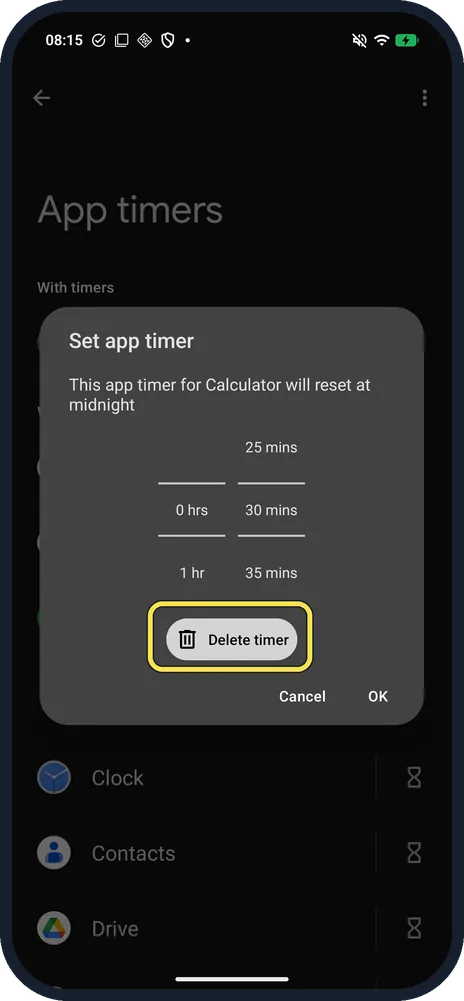 Android screenshot: To remove it, tap Delete timer