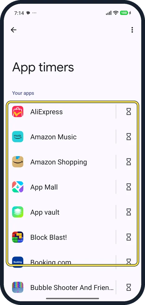 Android screenshot: Open App timers