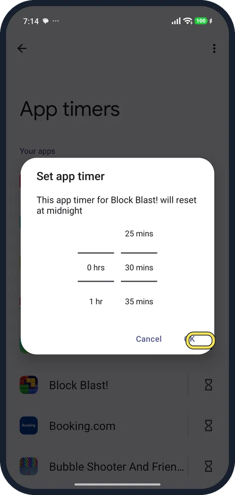 Android screenshot: Set the time