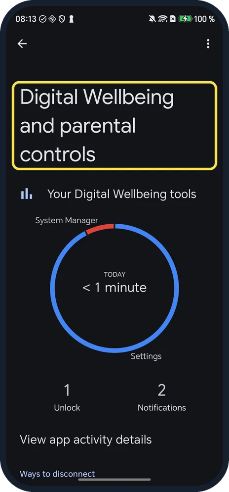 Android screenshot: Open Digital Wellbeing and parental controls