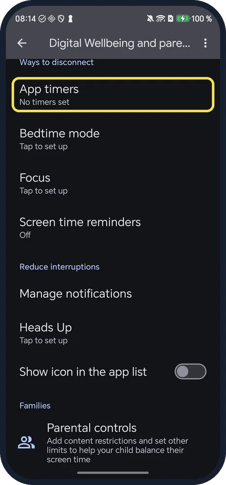 Android screenshot: Tap App timers