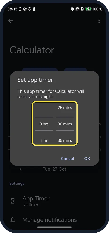 Android screenshot: Pick a time and tap OK