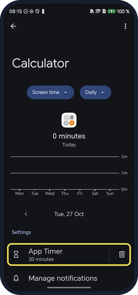 Android screenshot: Check the timer