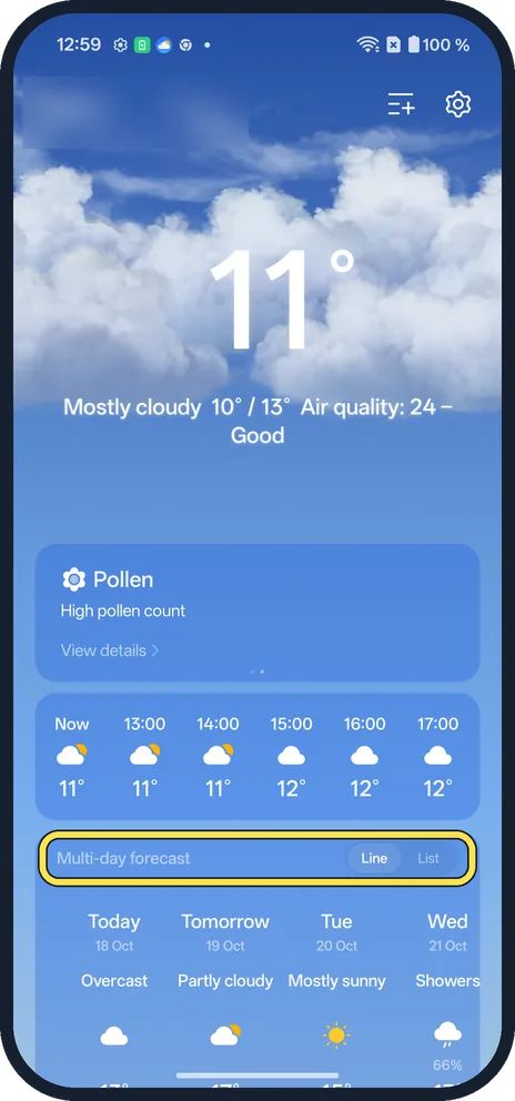 Android screenshot: Scroll to Multi-day forecast
