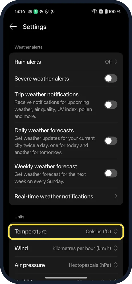 Android screenshot: Change units