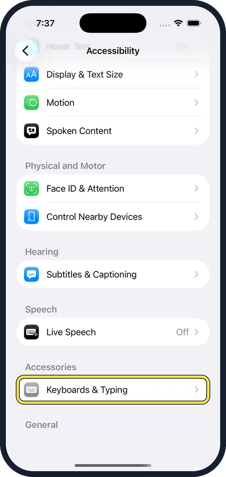 iPhone screen: Scroll down and tap Keyboards & Typing