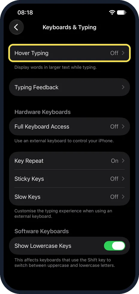 iPhone screen: Tap Keyboards & Typing, then Hover Typing
