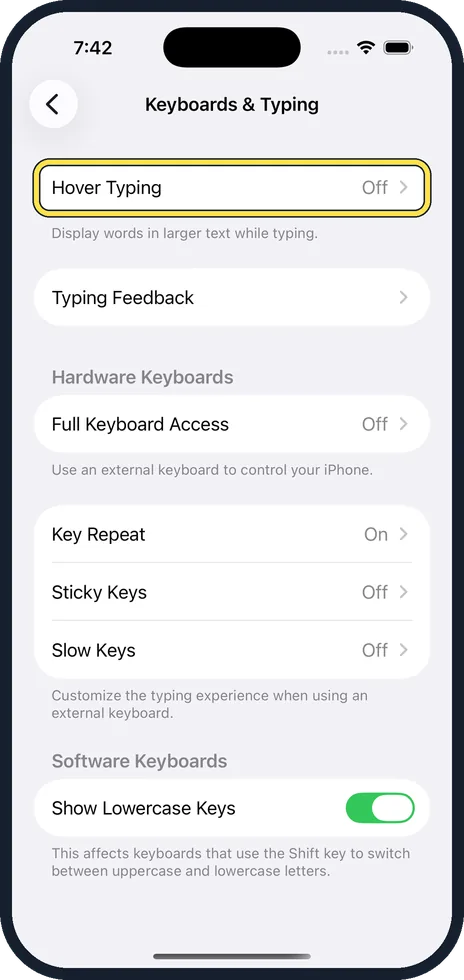 iPhone screen: Tap Hover Typing