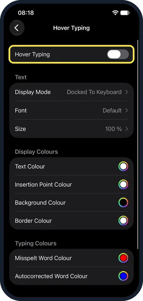 iPhone screen: Switch on Hover Typing