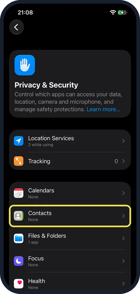 iPhone screen: Go back and open Contacts