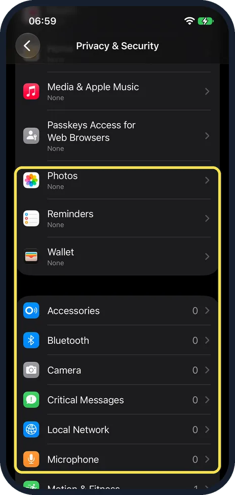 iPhone screen: Repeat for Photos, Camera and Microphone