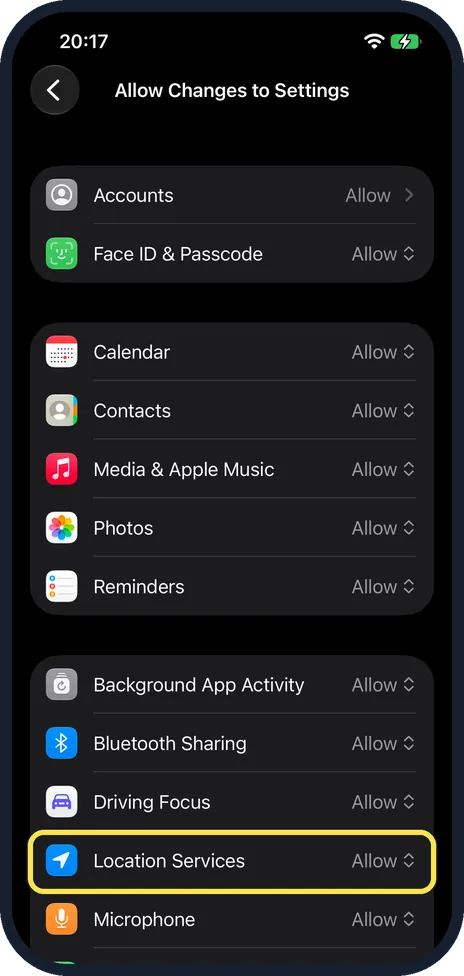 iPhone screen: Check the row for the setting