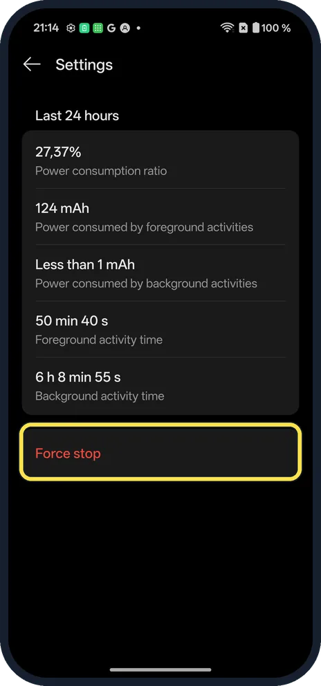 Android screenshot: Force stop if needed