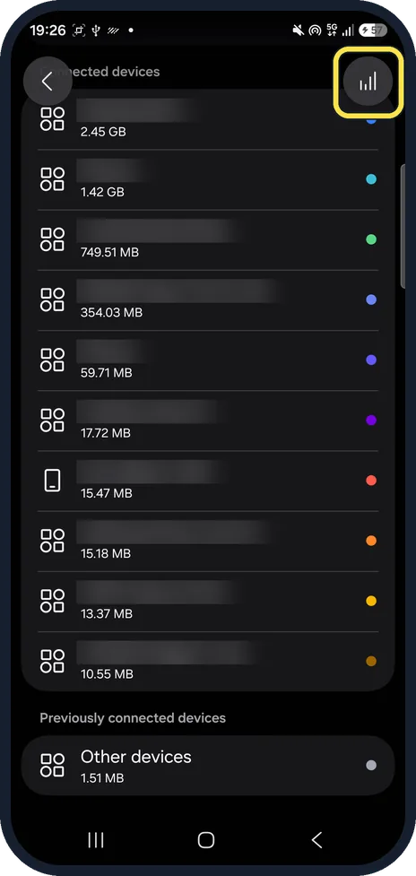 Android screenshot: Scroll down and tap the chart icon