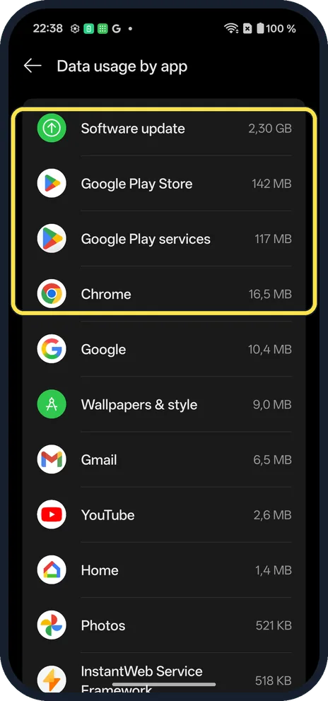 Android screenshot: Find the biggest apps